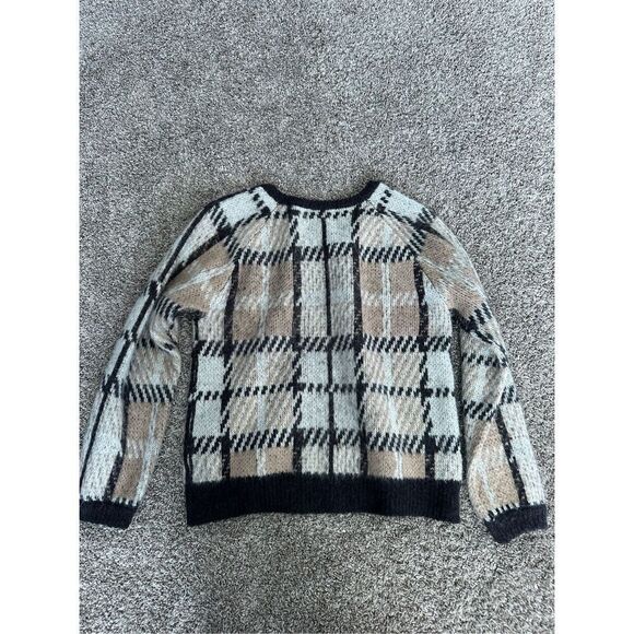 J.O.A. Natural Cozy Plaid Pullover Sweater Fuzzy Mohair Wool Checked Boxy Medium - Picture 8 of 13